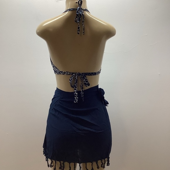 Zuliana Leopard Print Halter Top and Navy Fringe Sarong Skirt. 100% Rayon - Picture 4 of 4
